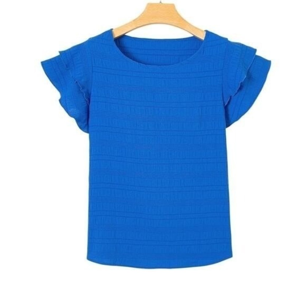 Dark Blue Textured Ruffled Short Sleeve Round Neck Top New X-Large - Picture 2 of 9